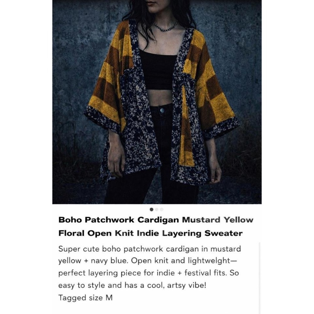 Boho Patchwork Cardigan Mustard Yellow Floral Open Knit Indie Layering‎ Sweater